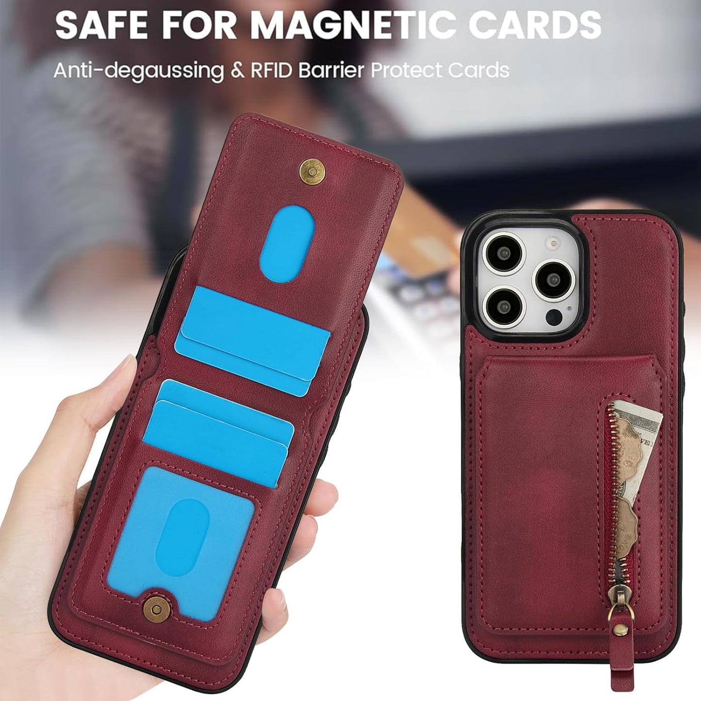 Magnetic card holder phone case suitable for iPhone 16 Pro, zipper magnetic split magnetic wallet with adjustable bracket Brown