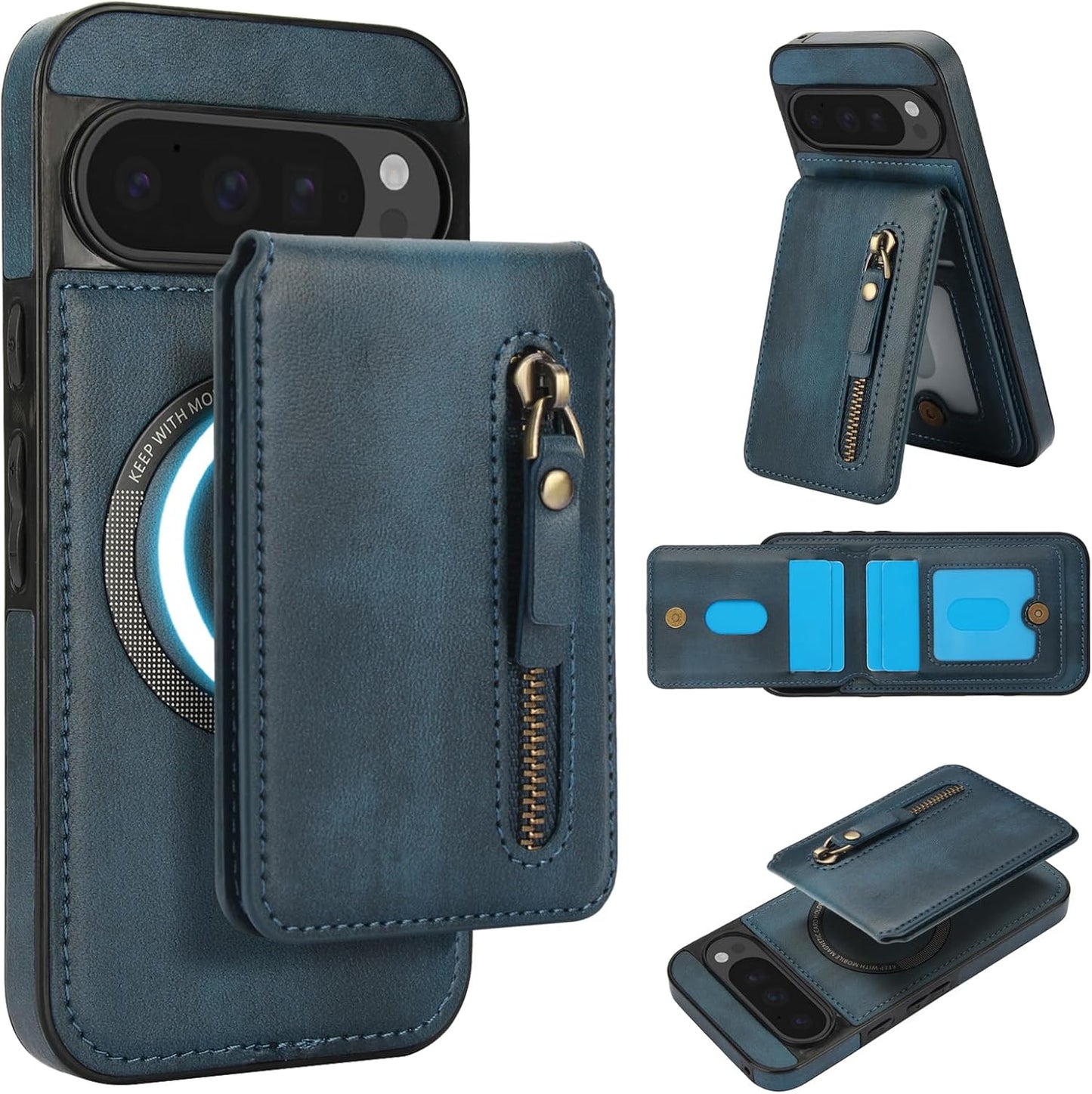 iTape Magnetic card holder phone case suitable for Google Pixel 9 Pro, zipper magnetic split magnetic wallet with adjustable bracket