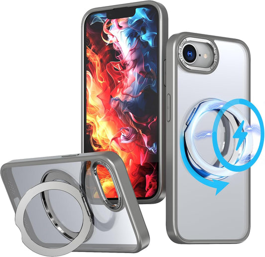 Magnetic phone case for iPhone 16E, 360° rotating bracket supports wireless charging, shockproof ultra-thin shell Gray
