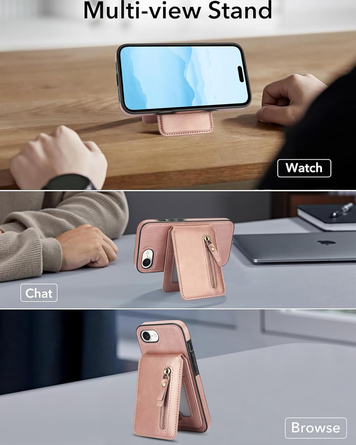 Magnetic card holder phone case suitable for iPhone 16E, zipper magnetic split magnetic wallet with adjustable bracket