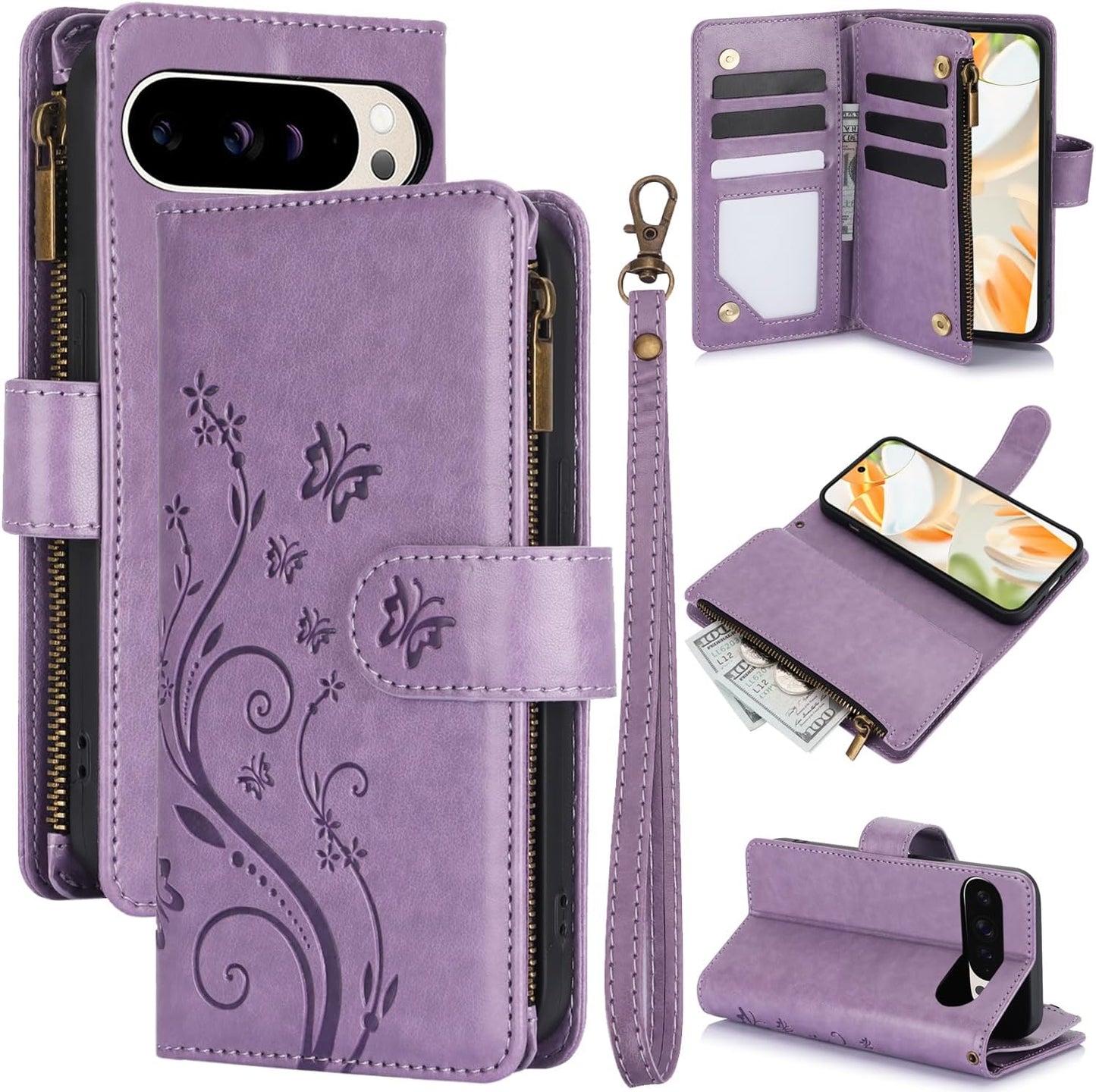 iTape Orchid Butterfly Phone Case for Google Pixel 9 with Multiple Card Slots Wallet, Magnetic Closure Bracket, Shockproof Protective Phone Case Wristband