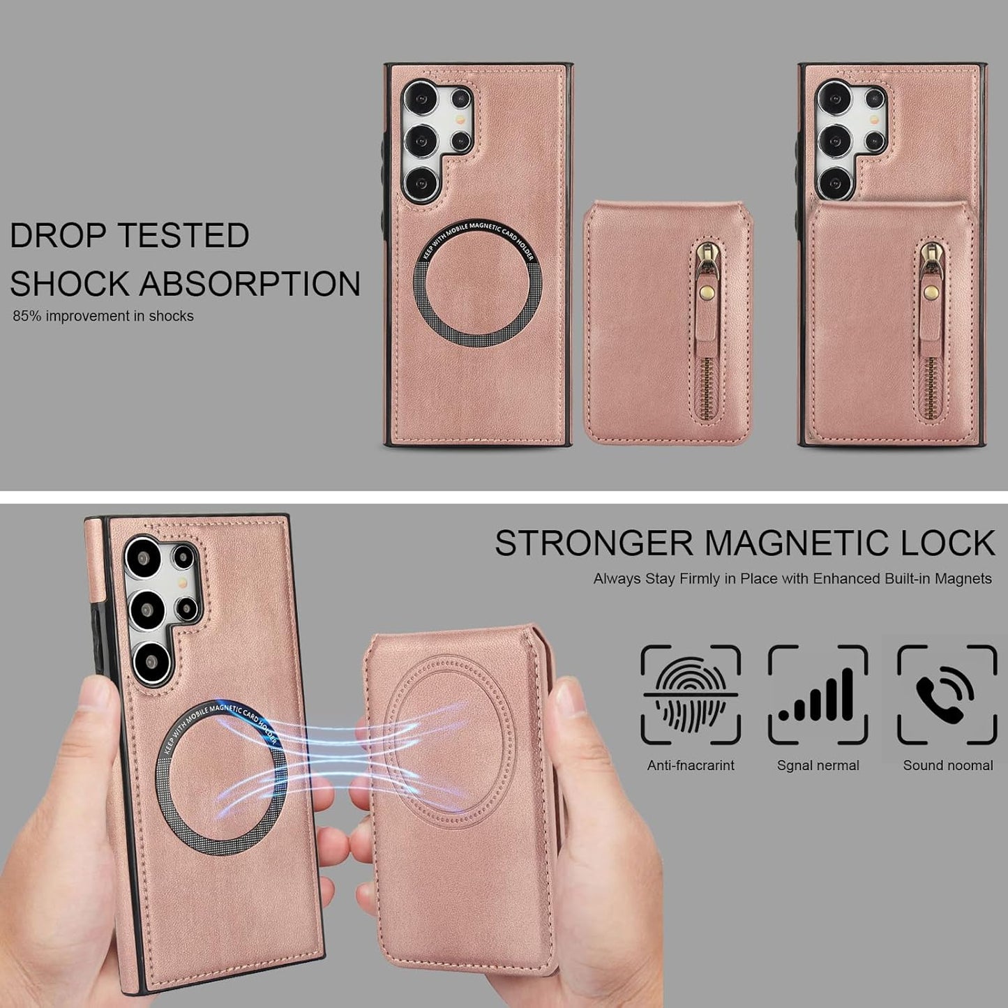 iTape Magnetic Card Holder Phone case Suitable for Samsung Galaxy S24 Ultra, Zipper Magnetic Split Magnetic Wallet with Adjustable Bracket