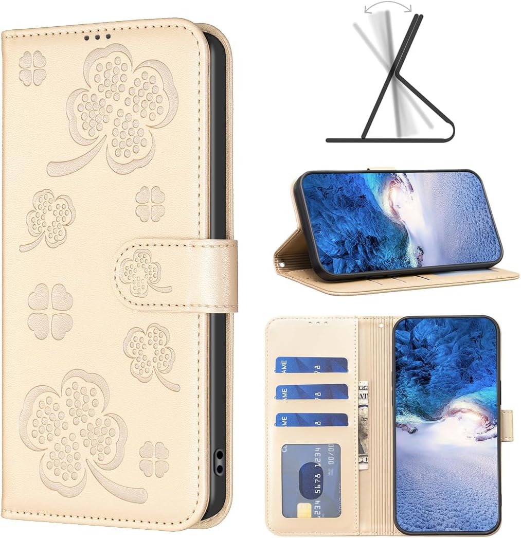 Wallet Leather Case for iPhone 16E, Embossed Four Leaf Clover Design, Magnetic Snap Wallet Case, Flip Shockproof Case Pink