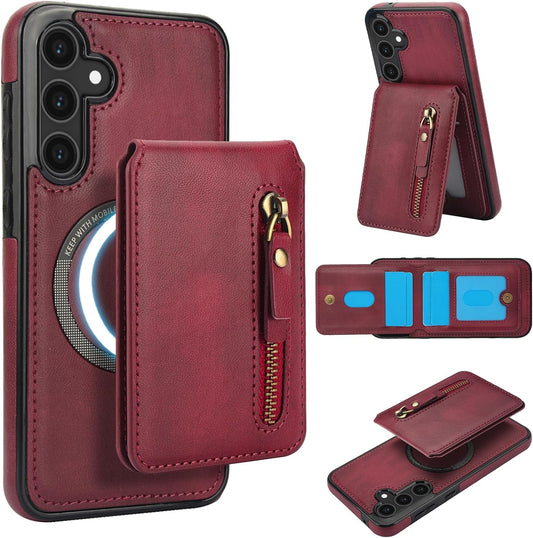 iTape Magnetic card holder phone case suitable for Samsung Galaxy S25, zipper magnetic split magnetic wallet with adjustable bracket Red