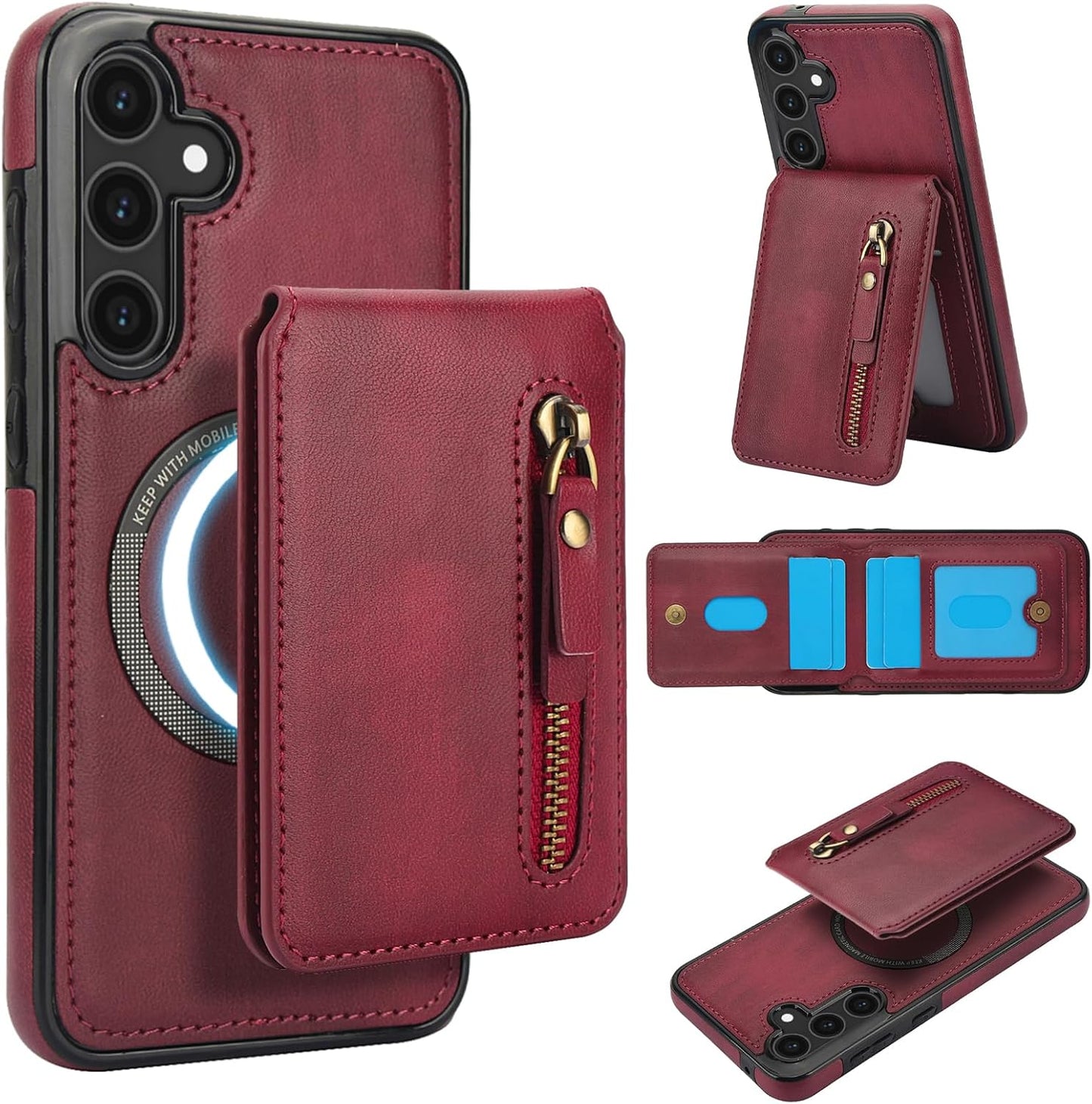 iTape Magnetic card holder phone case suitable for Samsung Galaxy S25+, zipper magnetic split magnetic wallet with adjustable bracket Pink