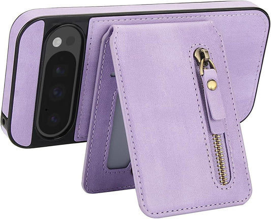 iTape Magnetic card holder phone case suitable for Google Pixel 9, zipper magnetic split magnetic wallet with adjustable bracket Purple