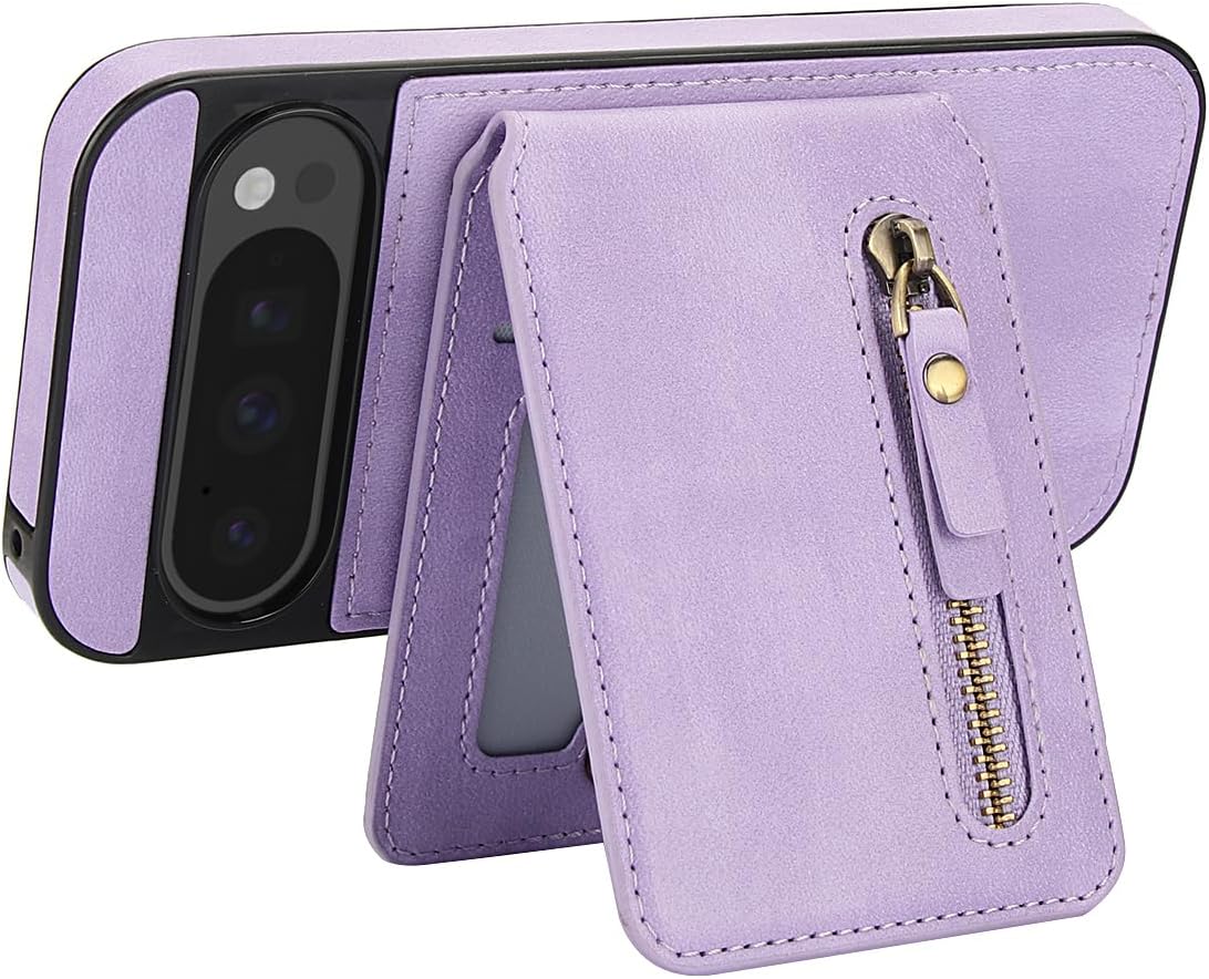 iTape Magnetic card holder phone case suitable for Google Pixel 9 Pro, zipper magnetic split magnetic wallet with adjustable bracket