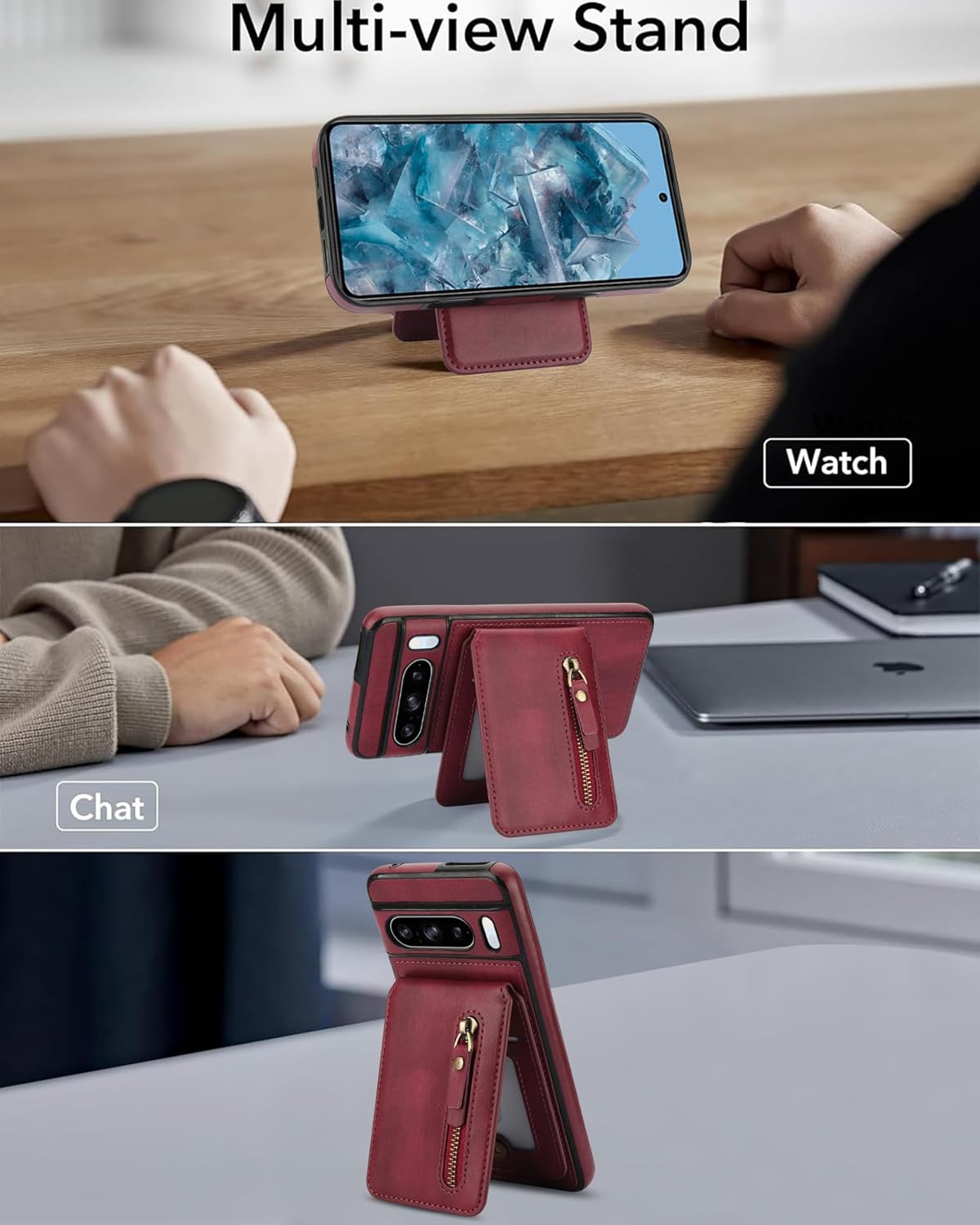 iTape Magnetic card holder phone case suitable for Google Pixel 8 Pro, zipper magnetic split magnetic wallet with adjustable bracket Brown