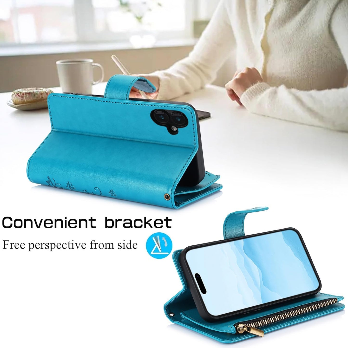 Orchid Butterfly Phone Case for iPhone 16 with Multiple Card Slots Wallet, Magnetic Closure Bracket, Shockproof Protective Phone Case Wristband