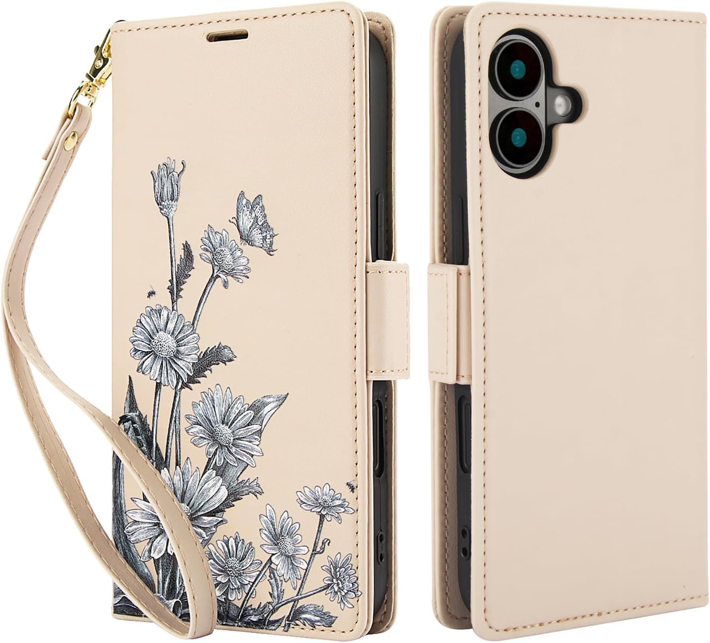 Printed Wallet Phone Case for iPhone 16 Plus, RFID (Anti-Theft), Wallet Flip Stand with Wrist Strap for iPhone 16 Plus Rose Gold