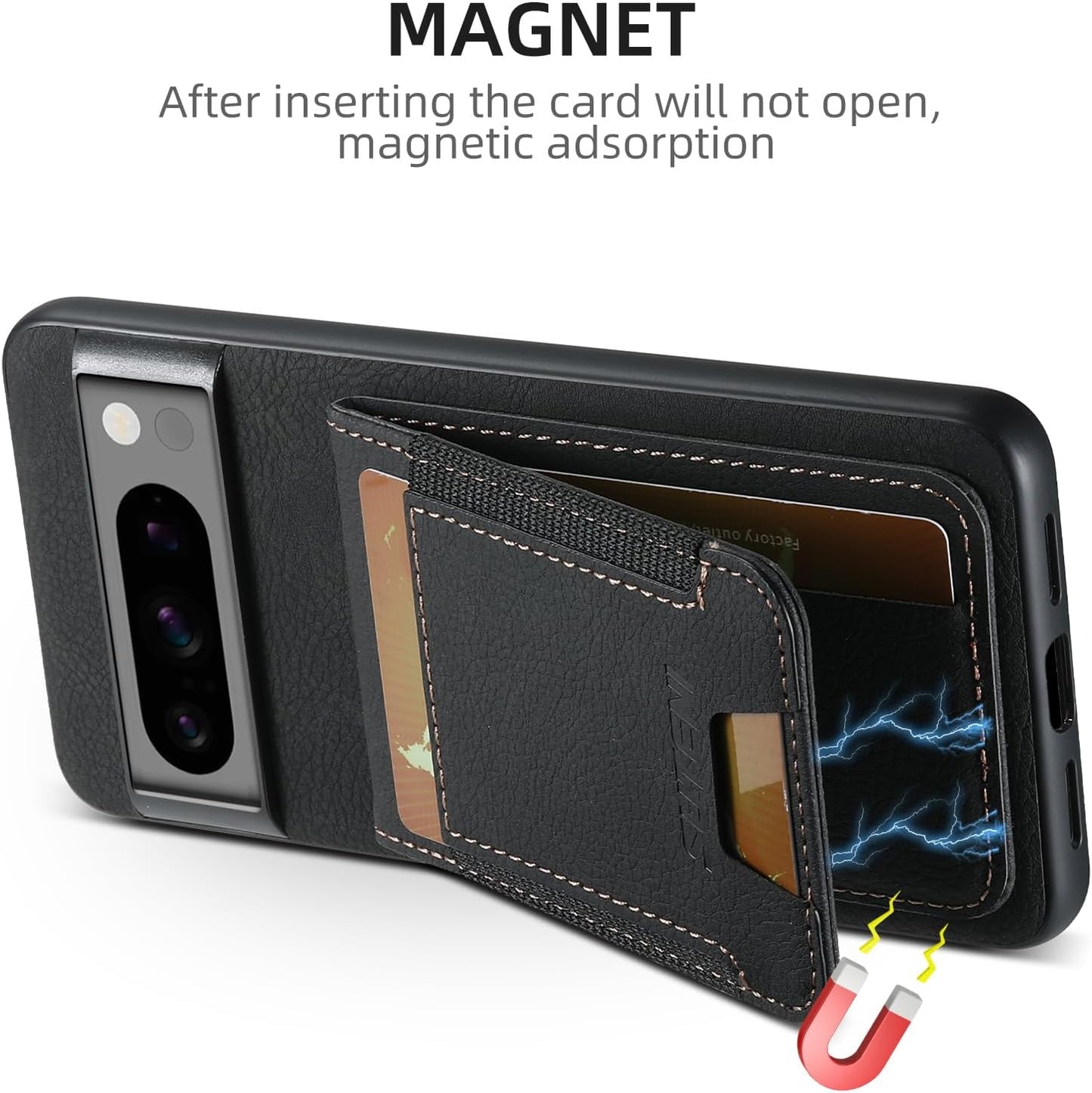 iTape Litchi Texture Phone Case for Google Pixel 8 Pro - Ultra-thin Simple Card Holder Phone Case with Stand Durable Buffer [Shockproof TPU Inner Shell] Black