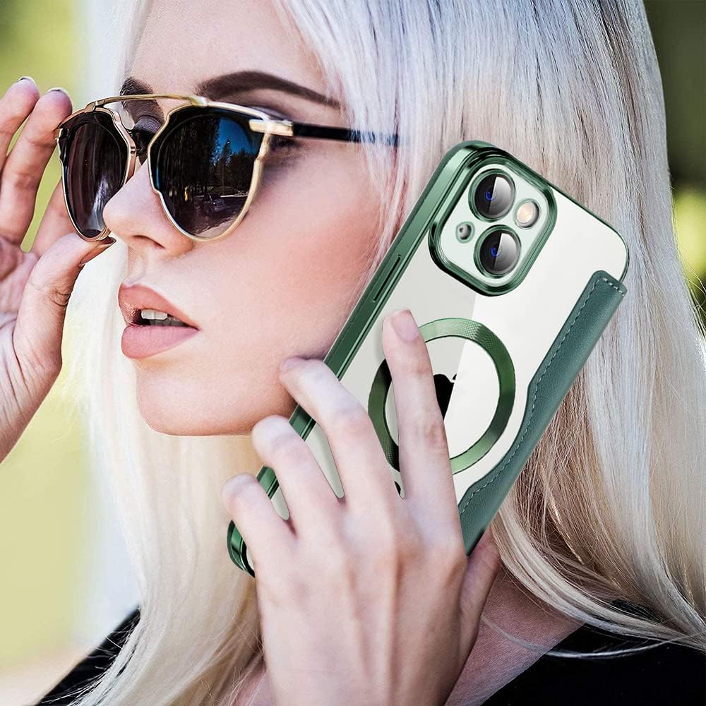 Wallet phone case suitable for iPhone 13 with [Credit Card Holder][RFID Blocking], compatible with magnetic wireless charging Green
