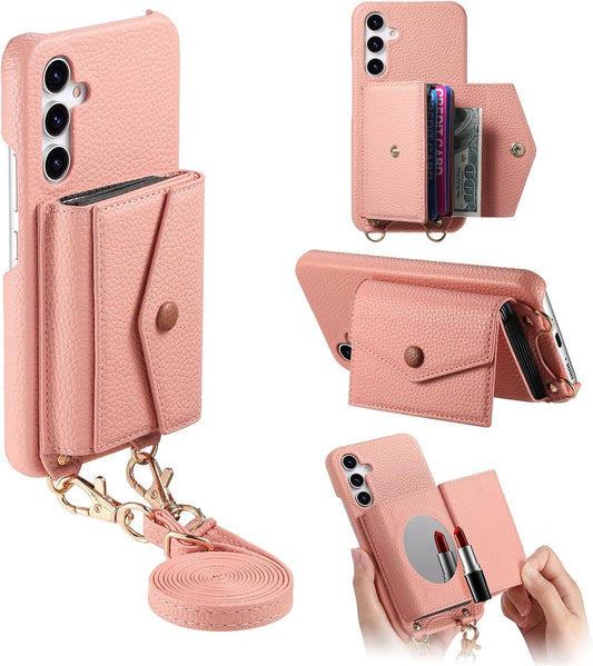 iTape Card Holder Wallet Phone Case for Samsung Galaxy A55, Shockproof Ultra-thin Phone Case, Makeup Mirror with Crossbody Strap Pink