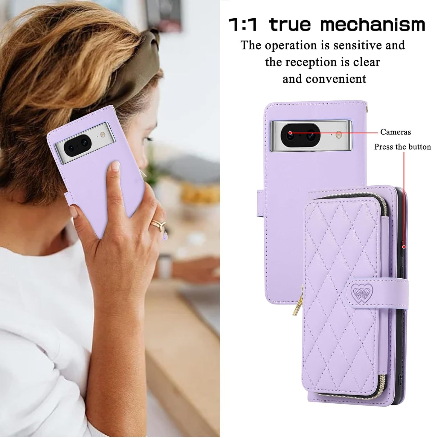 iTape Diamond Wallet Case for Google Pixel 8, Flip Leather Stand, Wrist Strap, Magnetic Closure, Shockproof Case Coin Purse Card Holder, Crossbody Strap Black