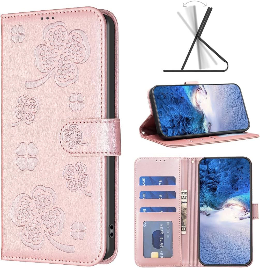 Wallet Leather Case for iPhone 16E, Embossed Four Leaf Clover Design, Magnetic Snap Wallet Case, Flip Shockproof Case Pink