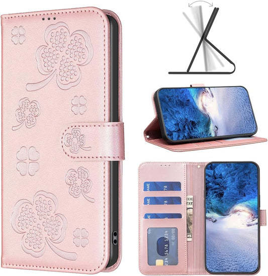Wallet Leather Case for iPhone 16E, Embossed Four Leaf Clover Design, Magnetic Snap Wallet Case, Flip Shockproof Case Pink