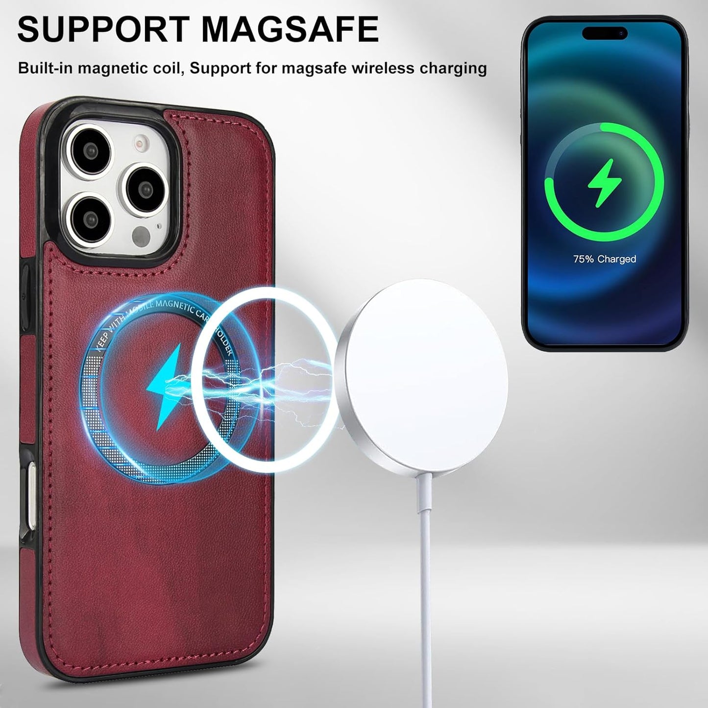 Magnetic card holder phone case suitable for iPhone 16 Pro, zipper magnetic split magnetic wallet with adjustable bracket Brown