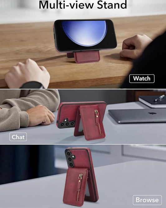 iTape Magnetic card holder phone case suitable for Samsung Galaxy S25, zipper magnetic split magnetic wallet with adjustable bracket Red