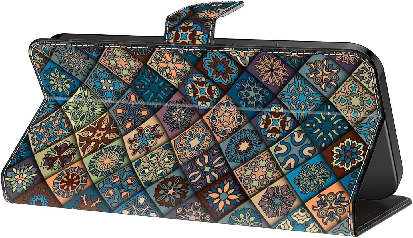 Graffiti wallet phone case for iPhone 16E, shockproof phone case, card slot wallet, flip stand phone case Mandala animal feather pattern