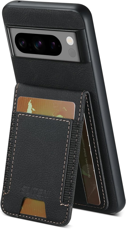 iTape Litchi Texture Phone Case for Google Pixel 8 Pro - Ultra-thin Simple Card Holder Phone Case with Stand Durable Buffer [Shockproof TPU Inner Shell] Black