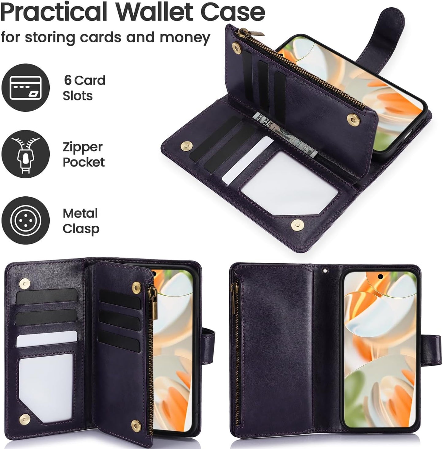 iTape Orchid Butterfly Phone Case for Google Pixel 9 with Multiple Card Slots Wallet, Magnetic Closure Bracket, Shockproof Protective Phone Case Wristband