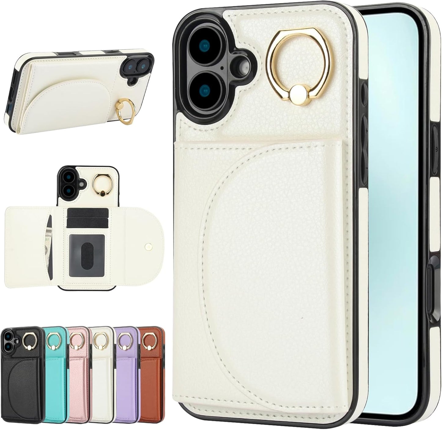 Tri-fold wallet case for iPhone 16 Plus, 360° rotating ring buckle stand, shockproof phone case coin purse card holder Black