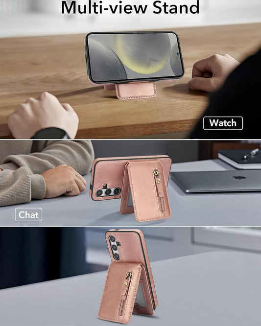 iTape Magnetic card holder phone case suitable for Samsung Galaxy S24FE, zipper magnetic split magnetic wallet with adjustable bracket Pink