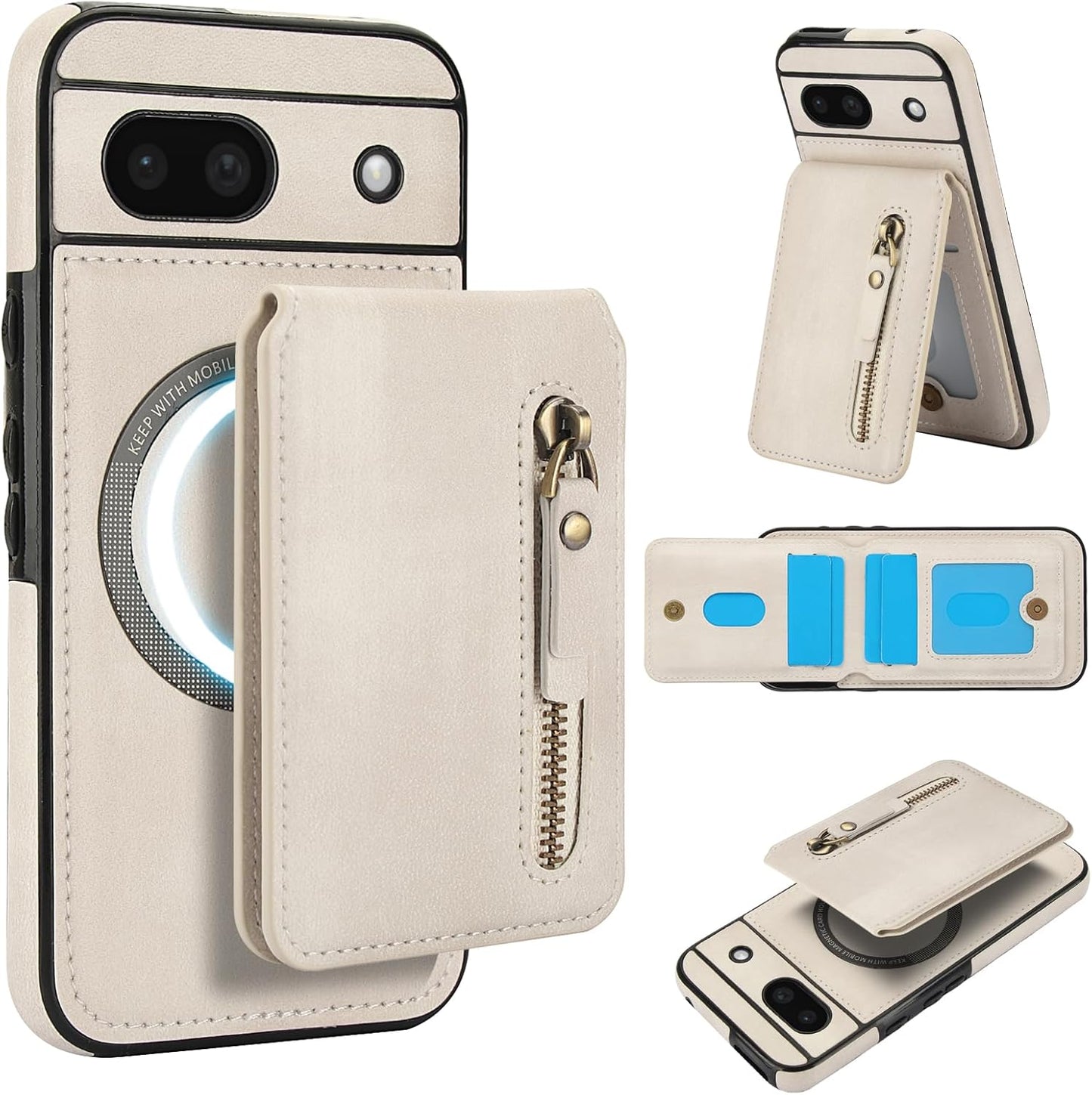 iTape Magnetic card holder phone case suitable for Google Pixel 8A, zipper magnetic split magnetic wallet with adjustable bracket Black