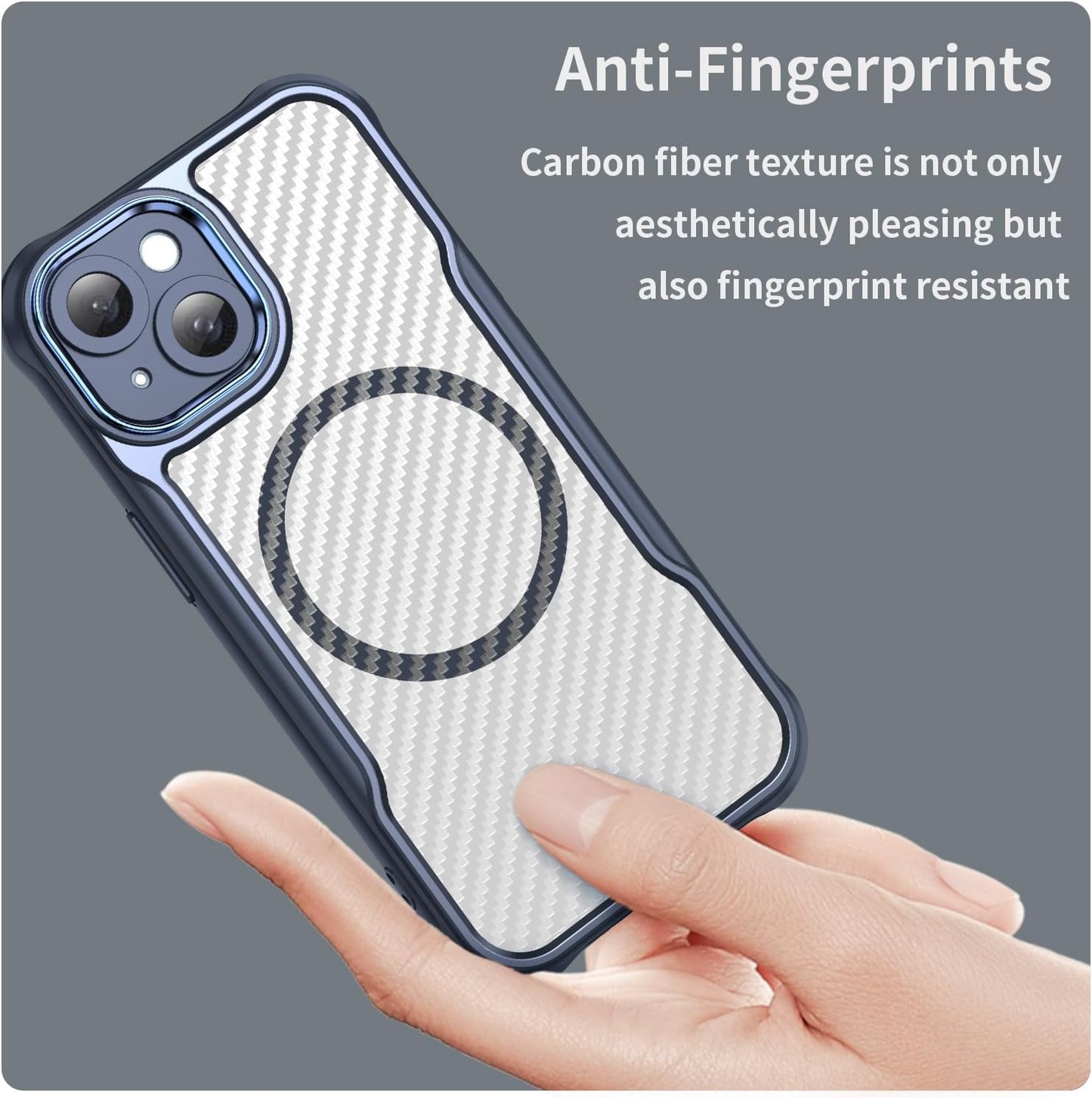 Magnetic carbon fibre case for iPhone 15, support wireless charging, carbon fibre shockproof slim case Blue