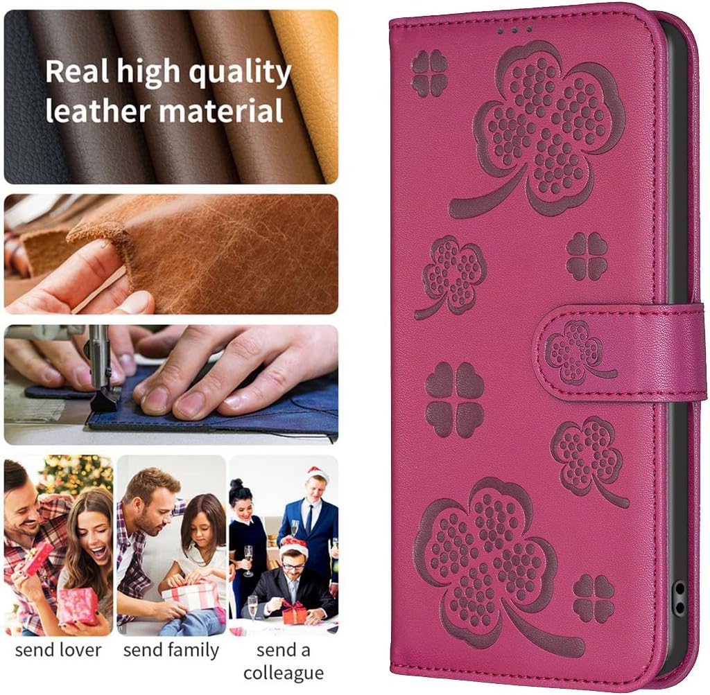 Wallet Leather Case for iPhone 16E, Embossed Four Leaf Clover Design, Magnetic Snap Wallet Case, Flip Shockproof Case Pink