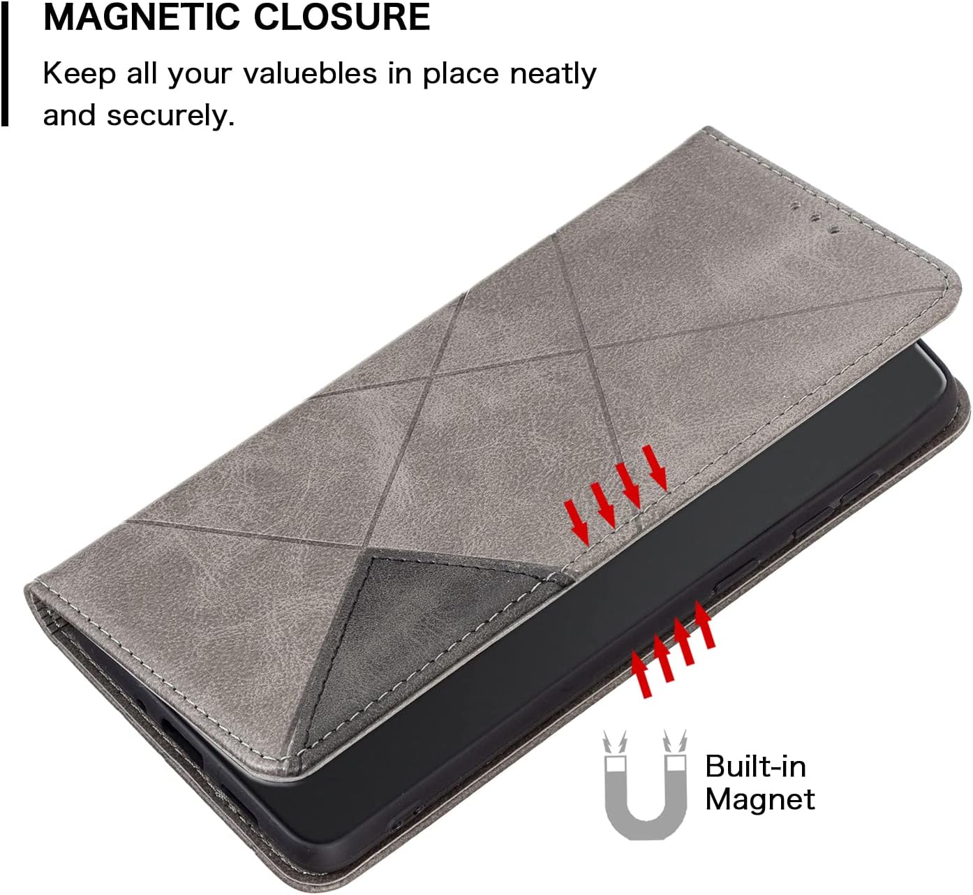 iTape Magnetic diamond-shaped leather phone case for Samsung Galaxy S25 Edge, magnetic closure wallet-style case, flip-top stand, provides shockproof protection Gray