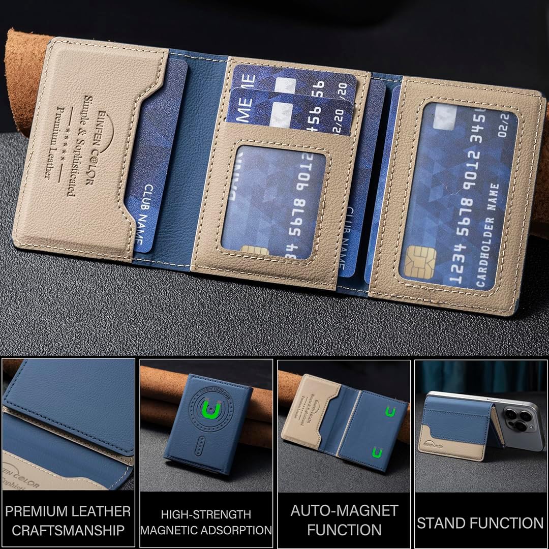iTape Leather Magnetic Phone Wallet Compatible with Various Phone Models Android and iOS, Colorblock Horizontal Magnetic Card Holder Ultra-thin Wallet Card Holder Flip Stand Green