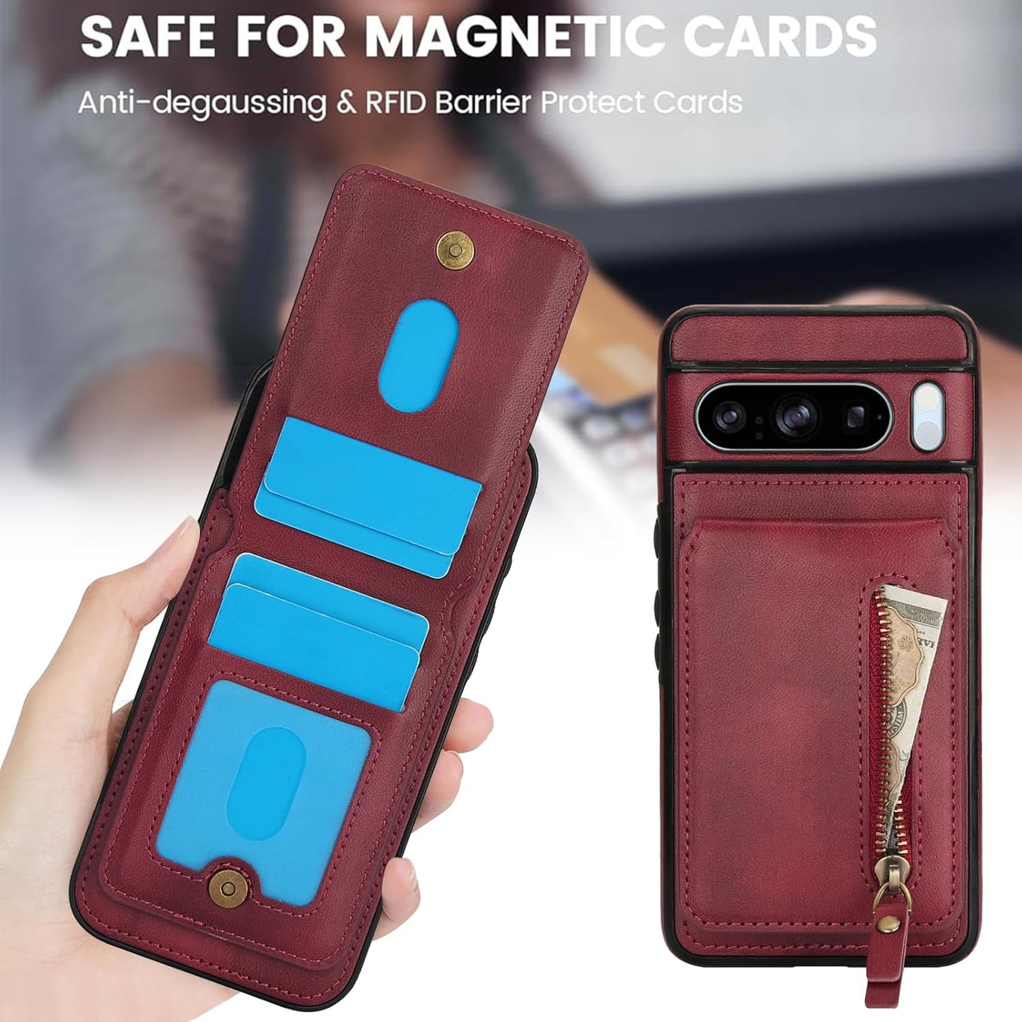 iTape Magnetic card holder phone case suitable for Google Pixel 8 Pro, zipper magnetic split magnetic wallet with adjustable bracket Brown