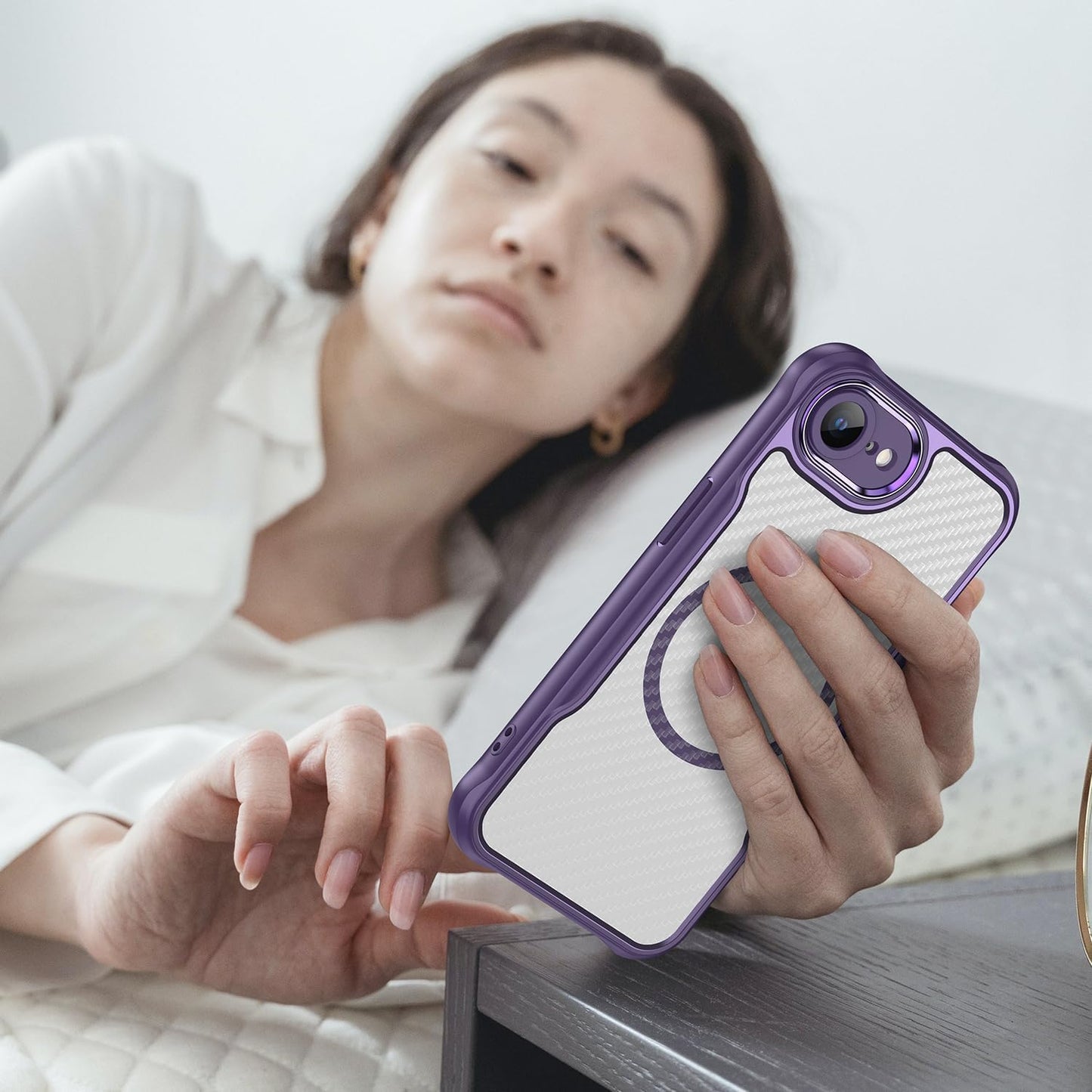 Magnetic carbon fibre case for iPhone 16E, support wireless charging, carbon fibre shockproof slim case Purple