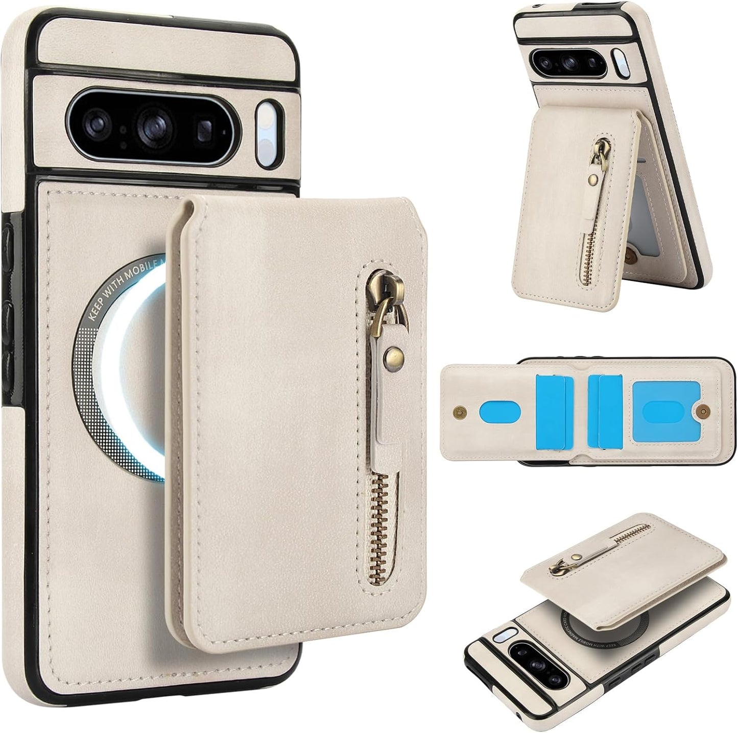 iTape Magnetic card holder phone case suitable for Google Pixel 8 Pro, zipper magnetic split magnetic wallet with adjustable bracket Brown
