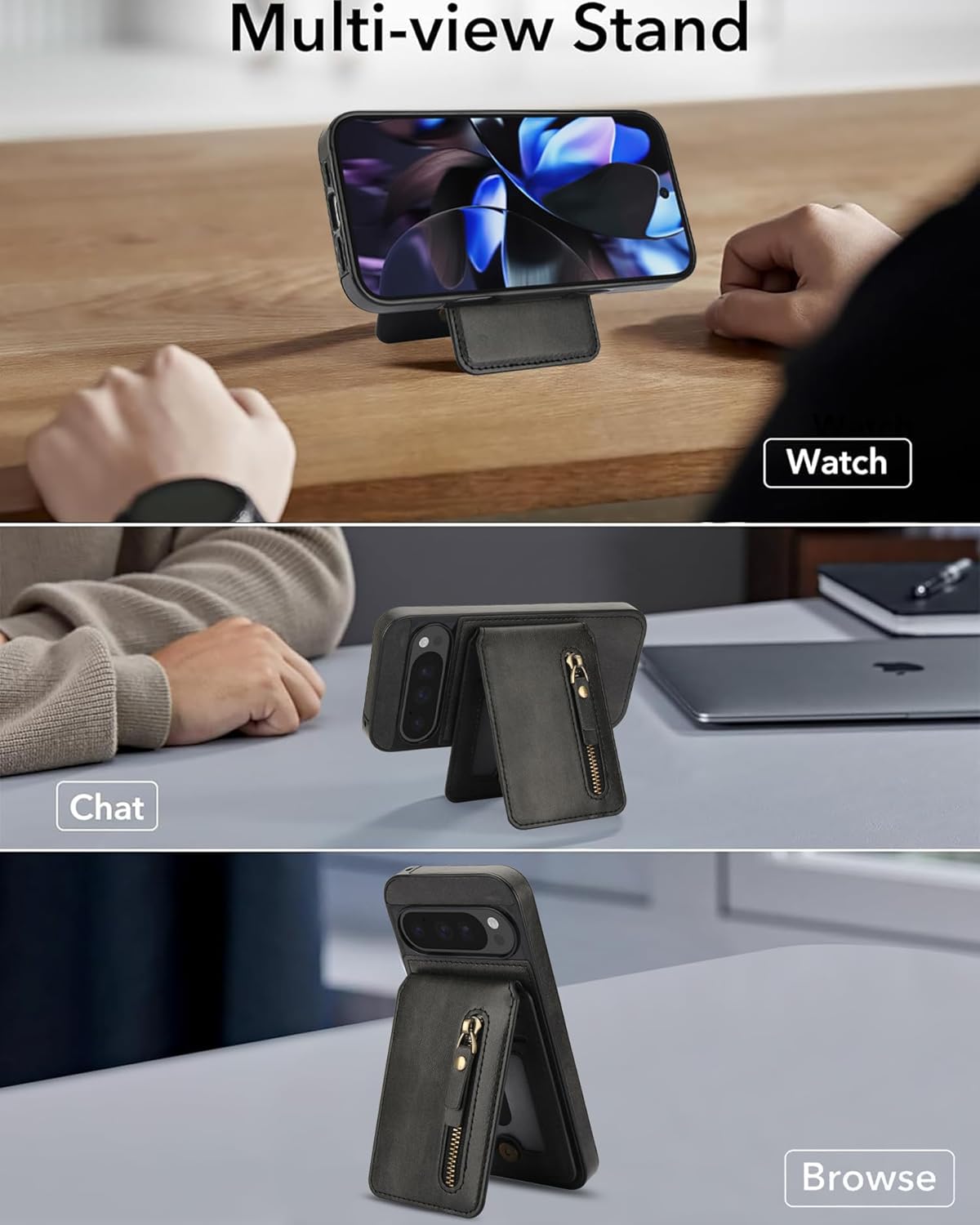 iTape Magnetic card holder phone case suitable for Google Pixel 9 Pro, zipper magnetic split magnetic wallet with adjustable bracket