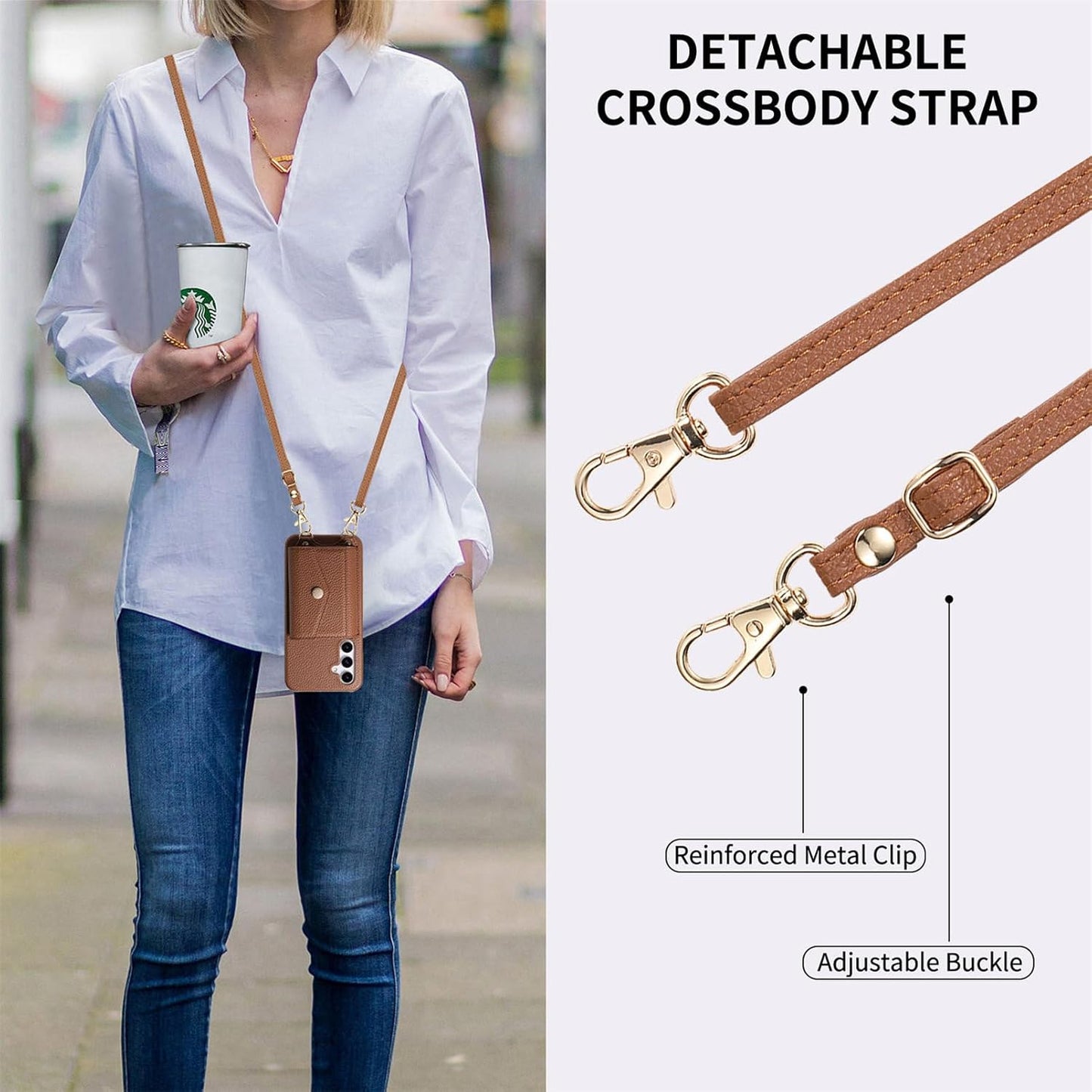 iTape Card Holder Wallet Phone Case for Samsung Galaxy A54 5G, Shockproof Ultra-thin Phone Case, Makeup Mirror with Crossbody Strap Brown