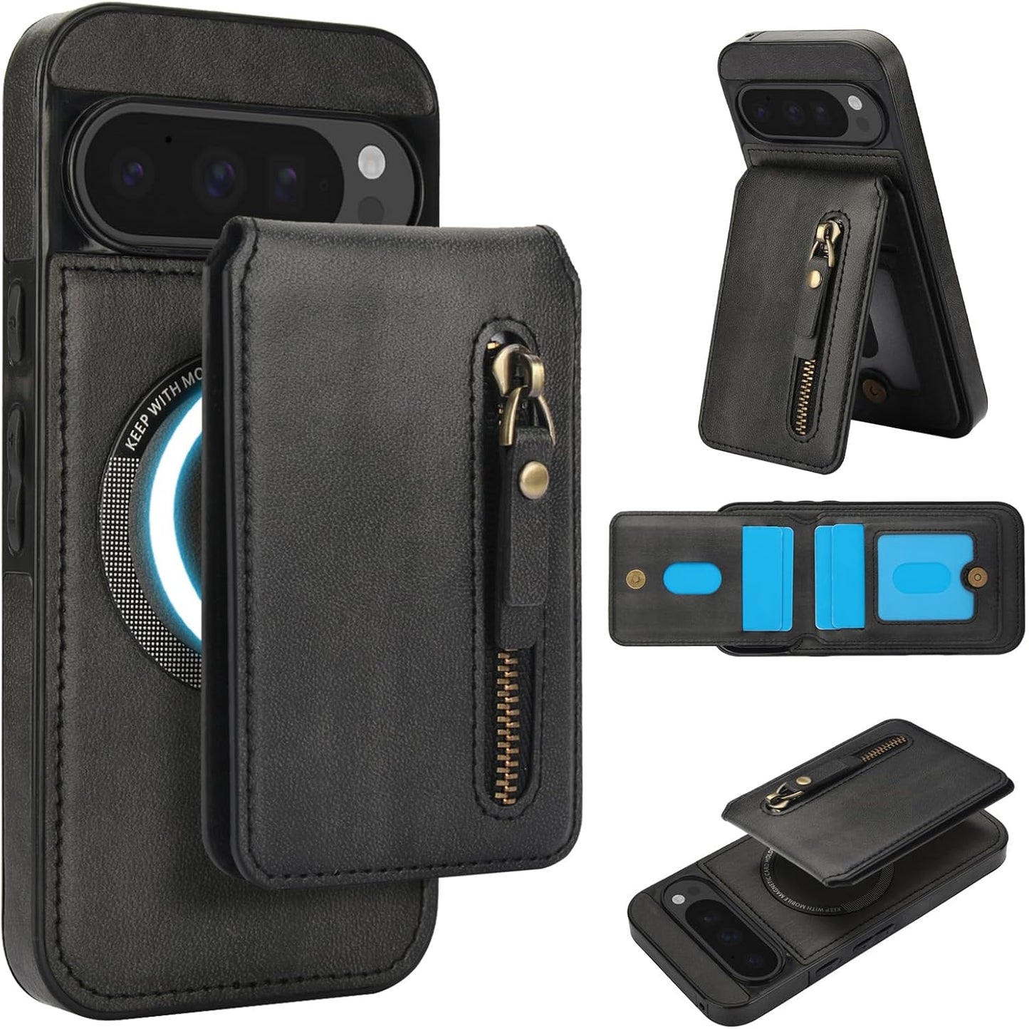 iTape Magnetic card holder phone case suitable for Google Pixel 9 Pro, zipper magnetic split magnetic wallet with adjustable bracket