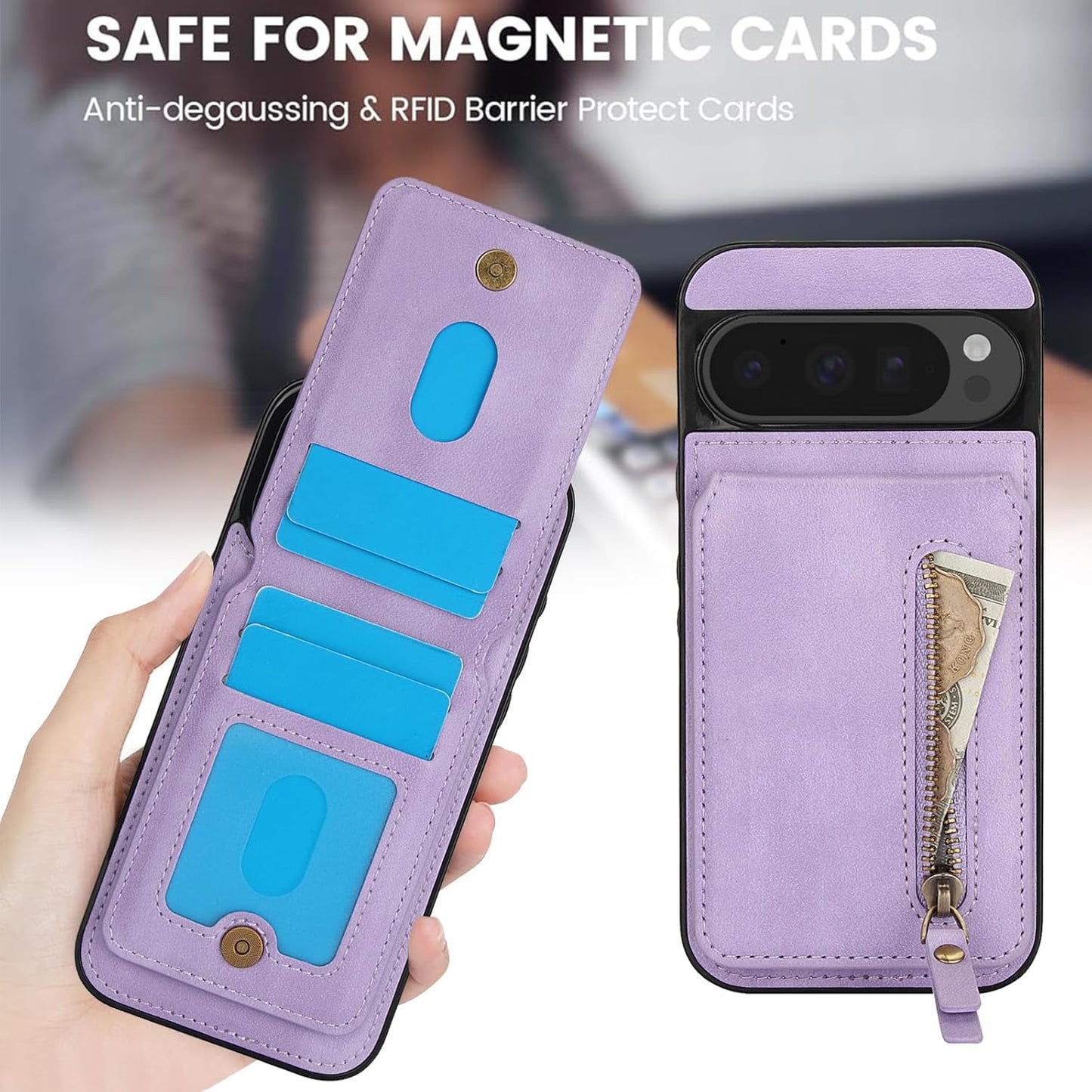 iTape Magnetic card holder phone case suitable for Google Pixel 9 Pro, zipper magnetic split magnetic wallet with adjustable bracket
