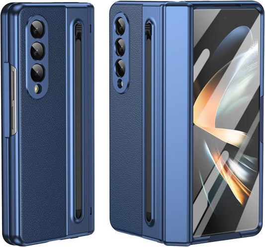 iTape Lightweight phone case for Samsung Galaxy Z Fold4, hinged case supports wireless charging with lens protection, screen protector, complimentary stylus, drop-proof and fingerprint resistant Blue