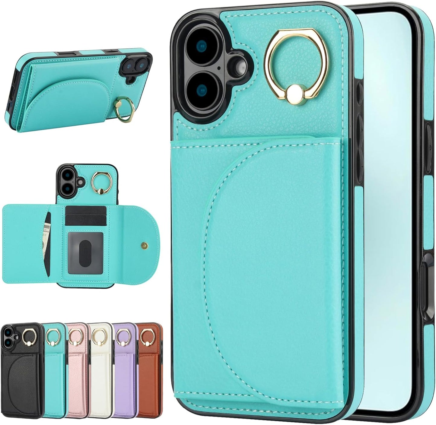 Tri-fold wallet case for iPhone 16 Plus, 360° rotating ring buckle stand, shockproof phone case coin purse card holder Black