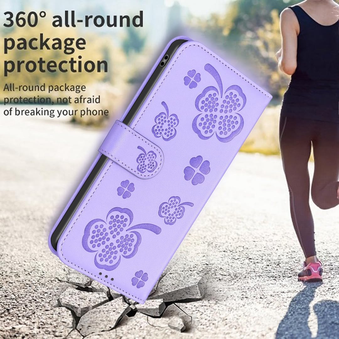 Wallet Leather Case for iPhone 16E, Embossed Four Leaf Clover Design, Magnetic Snap Wallet Case, Flip Shockproof Case Pink