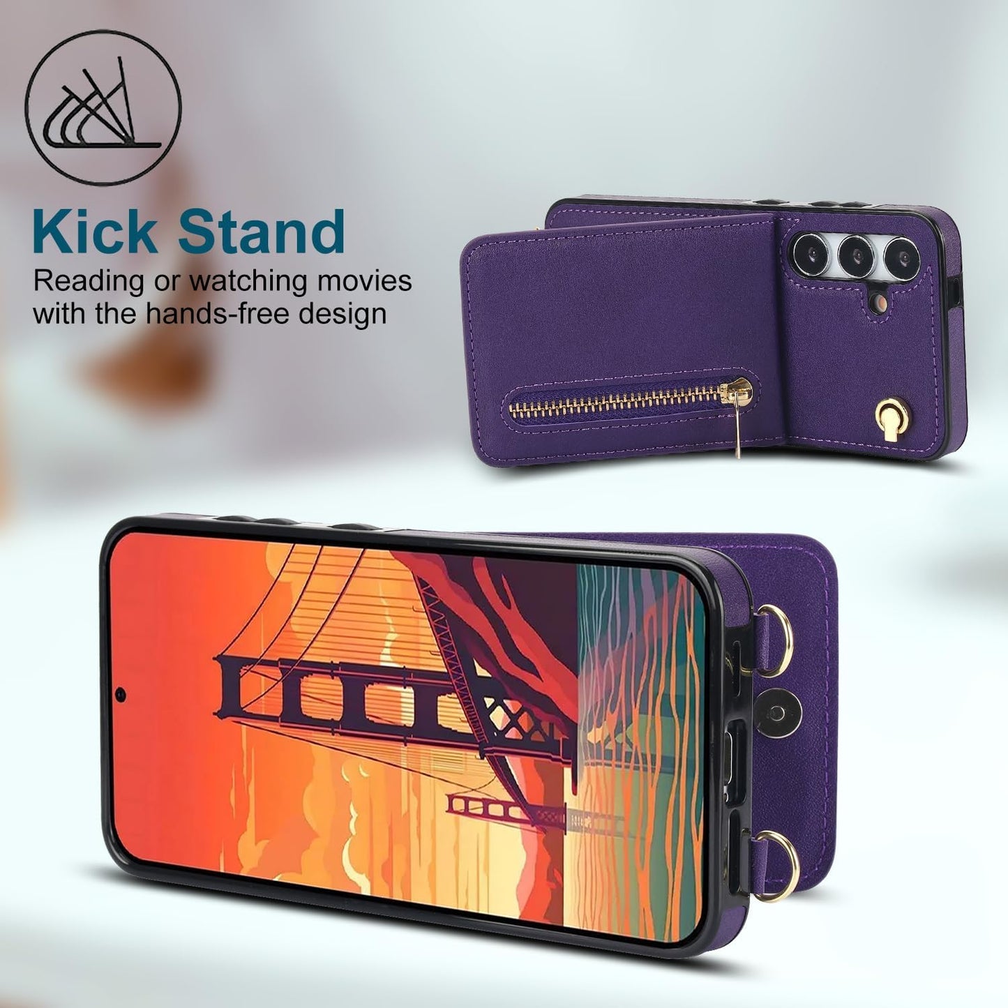 iTape Samsung Galaxy S24 plus Case Wallet, Zipper Coin Pouch, Credit Card Slot Holder, Wrist Strap, Samsung Galaxy S24 plus Case Adjustable Crossbody Lanyard [RFID Blocked] Purple
