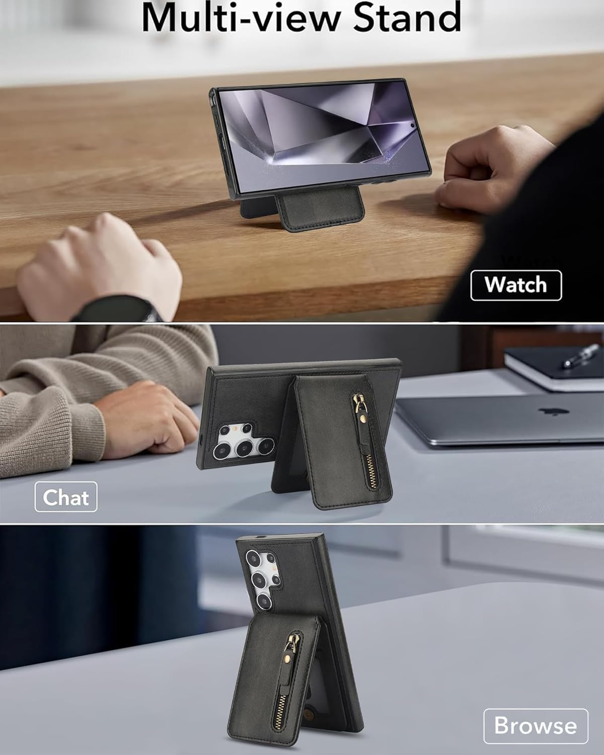 iTape Magnetic Card Holder Phone case Suitable for Samsung Galaxy S24 Ultra, Zipper Magnetic Split Magnetic Wallet with Adjustable Bracket