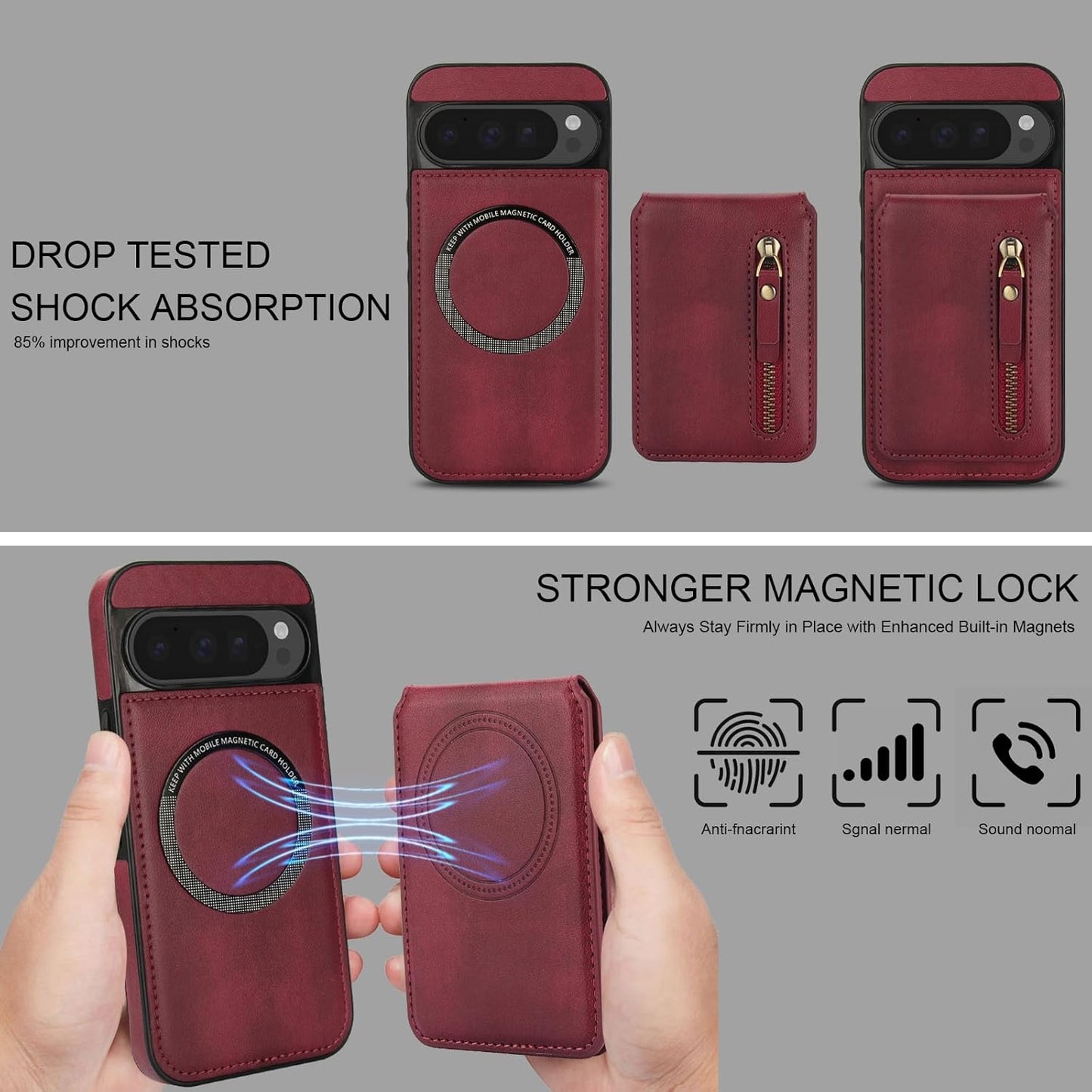 iTape Magnetic card holder phone case suitable for Google Pixel 9 Pro, zipper magnetic split magnetic wallet with adjustable bracket