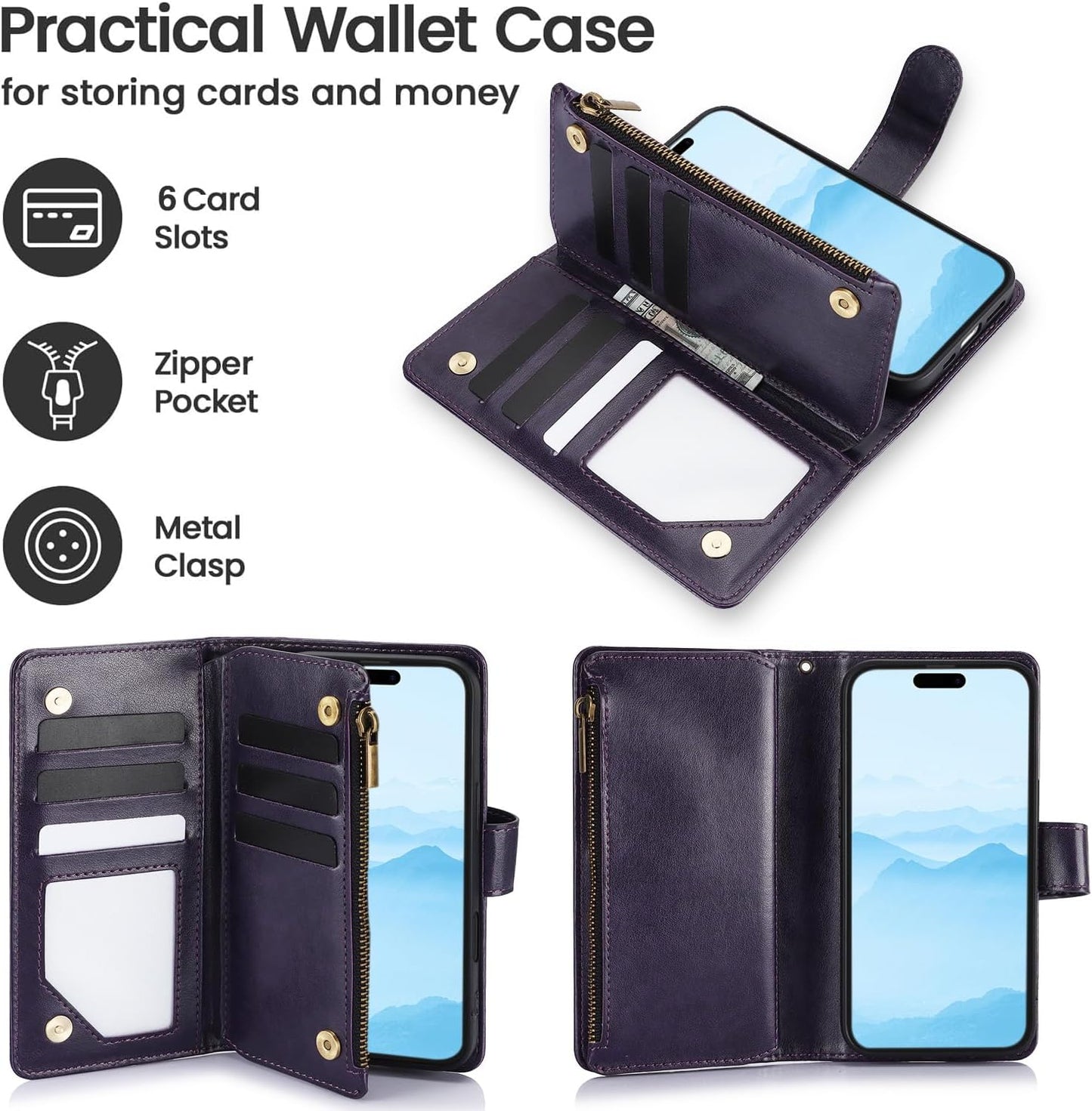 Orchid Butterfly Phone Case for iPhone 16 with Multiple Card Slots Wallet, Magnetic Closure Bracket, Shockproof Protective Phone Case Wristband