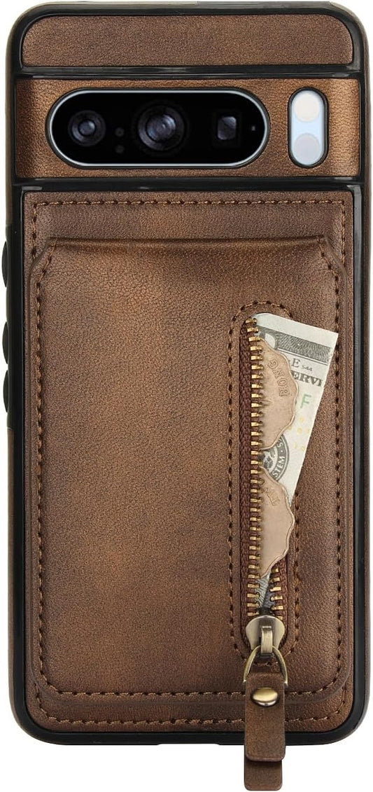 iTape Magnetic card holder phone case suitable for Google Pixel 8 Pro, zipper magnetic split magnetic wallet with adjustable bracket Brown