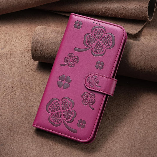 iTape Wallet Leather Case for Samsung Galaxy S25 Edge, Embossed Four Leaf Clover Design, Magnetic Snap Wallet Case, Flip Shockproof Case Red