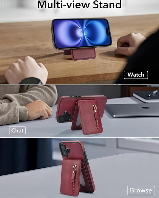 Magnetic card holder phone case suitable for iPhone 16, zipper magnetic split magnetic wallet with adjustable bracket Red