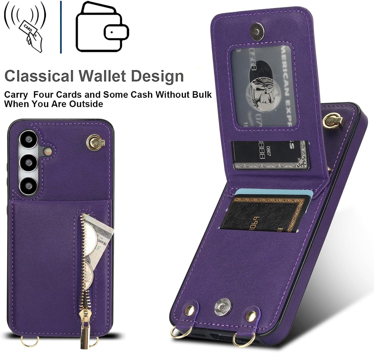 iTape Samsung Galaxy S24 plus Case Wallet, Zipper Coin Pouch, Credit Card Slot Holder, Wrist Strap, Samsung Galaxy S24 plus Case Adjustable Crossbody Lanyard [RFID Blocked] Purple